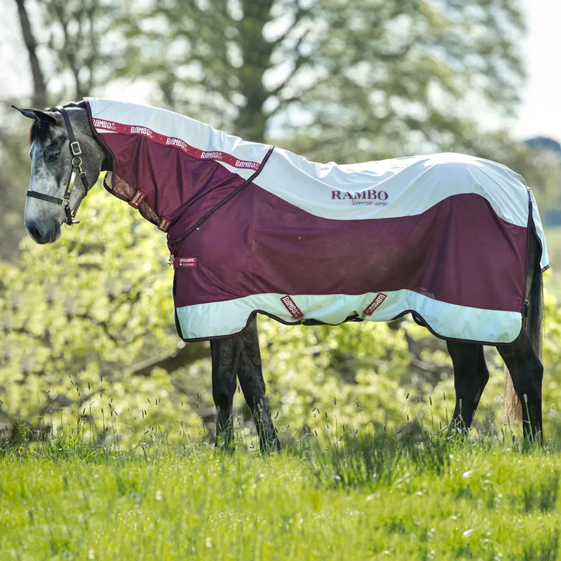 Rambo Summer Series Turnout Rug - Grey/Burgundy with Black